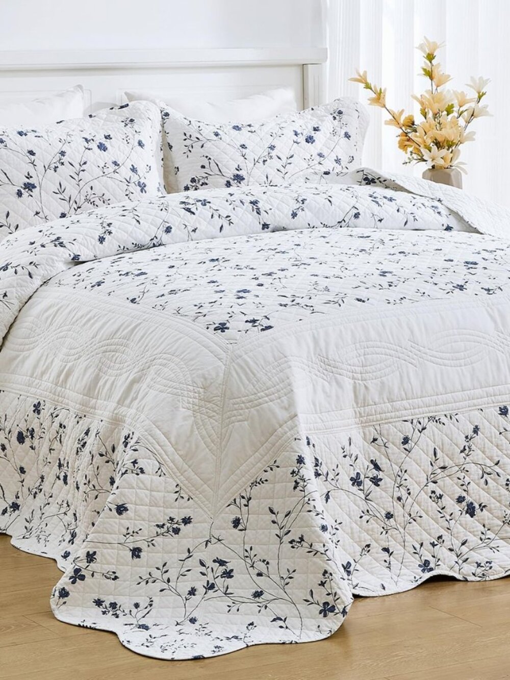 120"x102" 100% Cotton Oversized Queen Bedspread Coverlet Quilt Set, Floral Queen